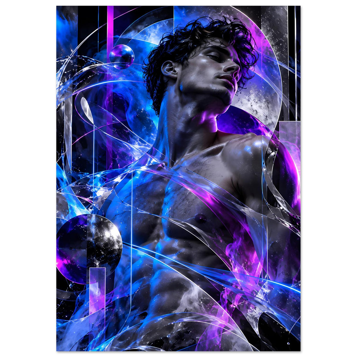 Futuristisches Poster im Hochformat: Energiefigur mit violetten Highlights und blauen Lichtbahnen