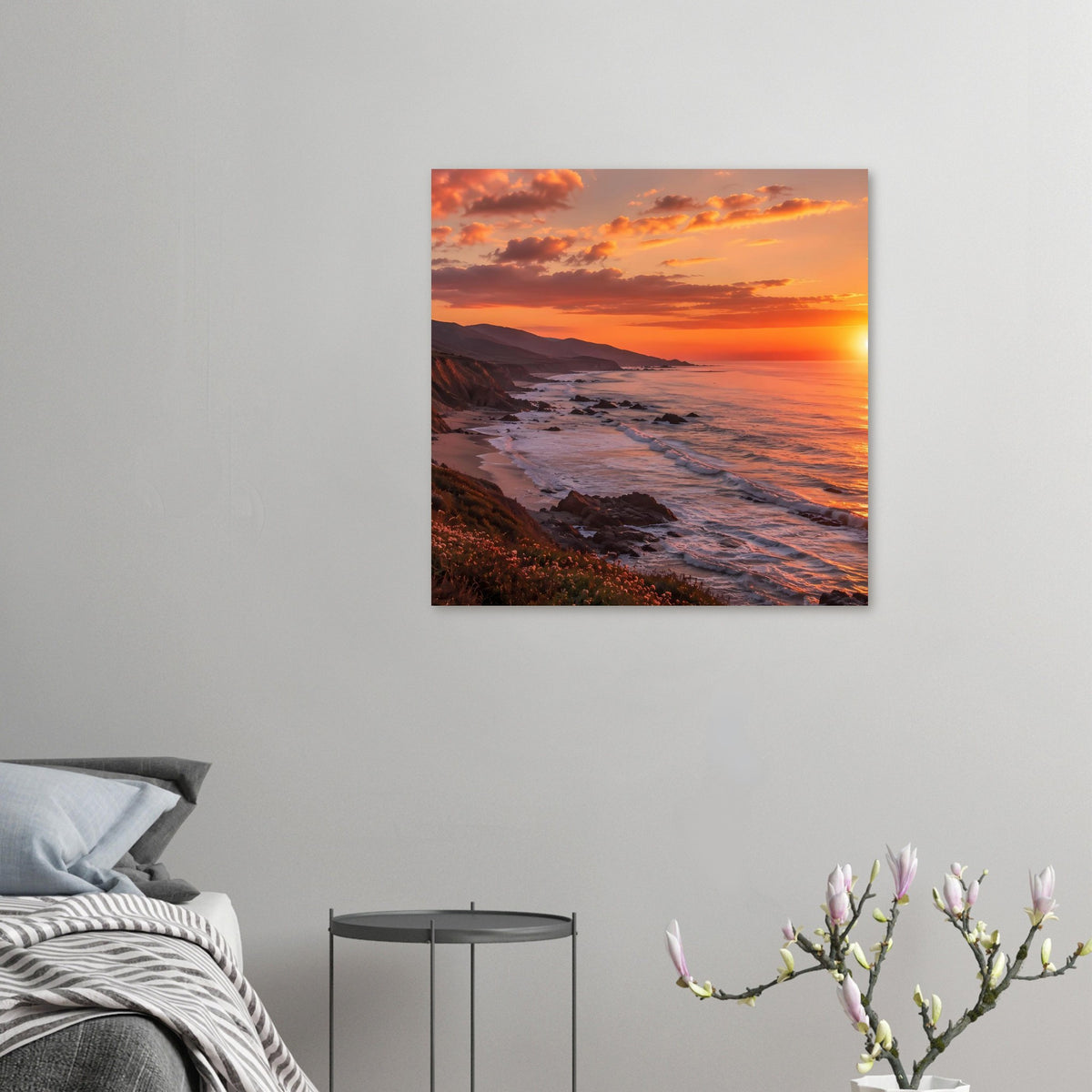 Kleines Poster mit Küsten-Sonnenuntergang, orangefarbener Himmel über Strand und Wellen
