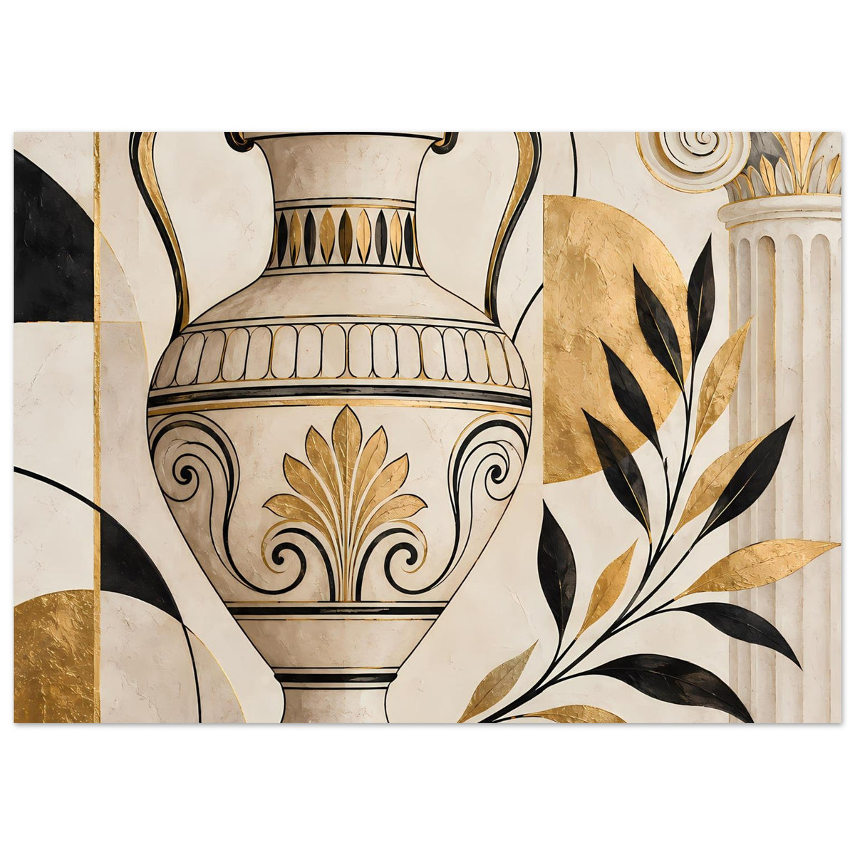 Wandposter im Querformat mit Amphore und goldenen floralen Motiven, schwarz umrandet