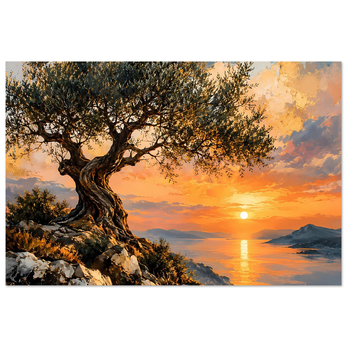 Olivenbaum-Poster im Querformat mit Sonnenuntergang, goldener Sonne, Meer und Küstenfelsen