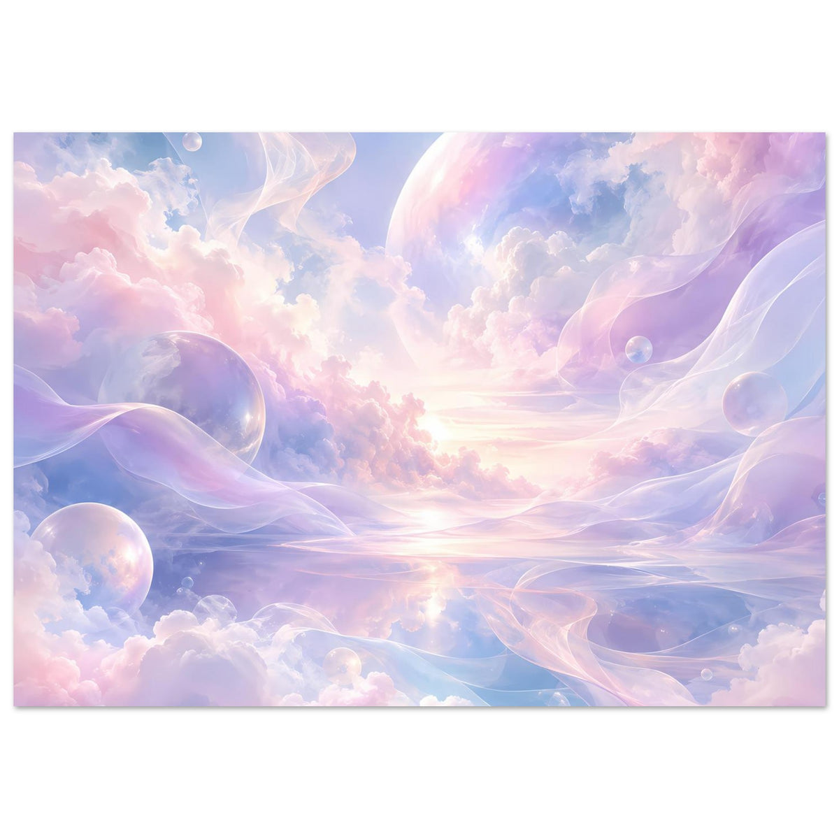 Poster im Querformat: pastelliger Himmel mit Wolken, Planeten und feinen Blasen-Details