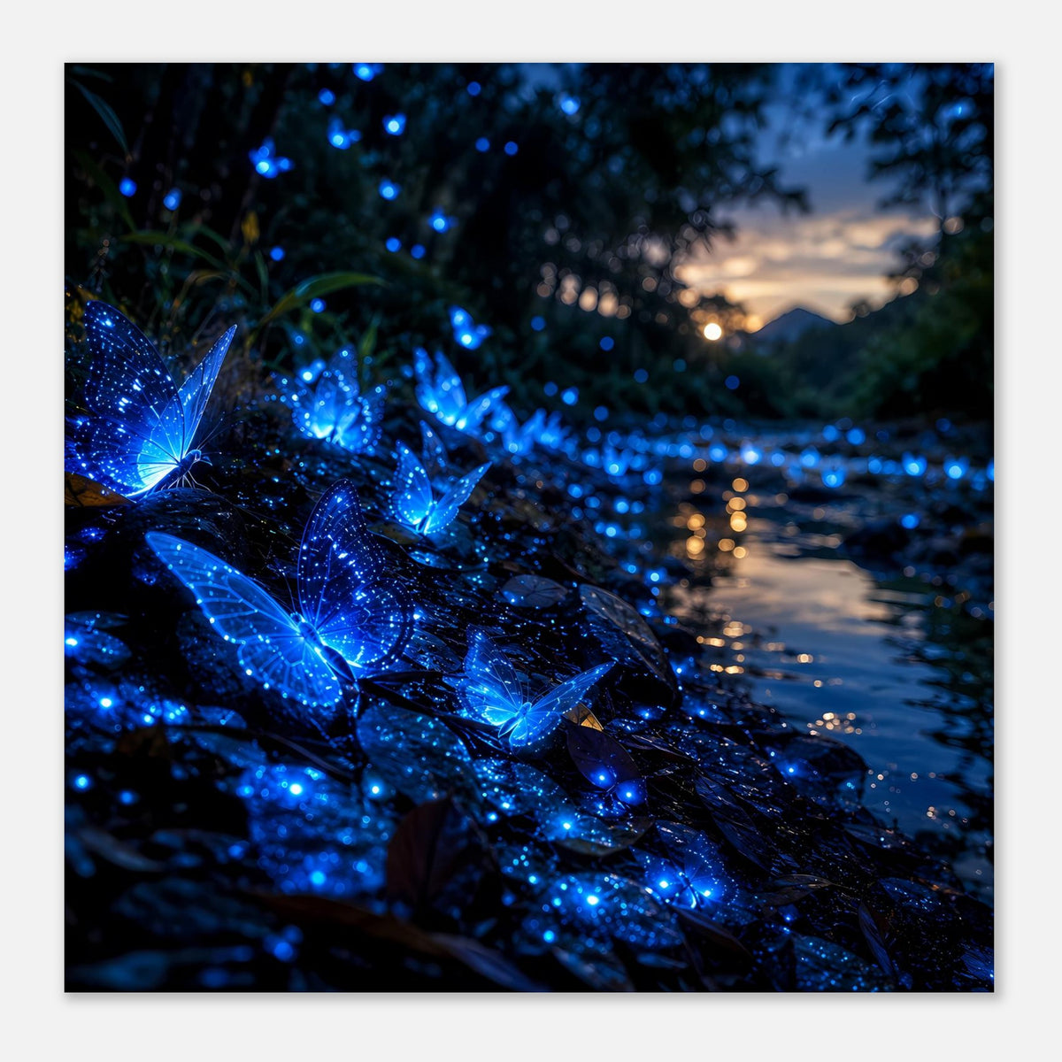 Schmetterlings-Poster im Hochformat: blauer, leuchtender Schmetterling mit Glitzer