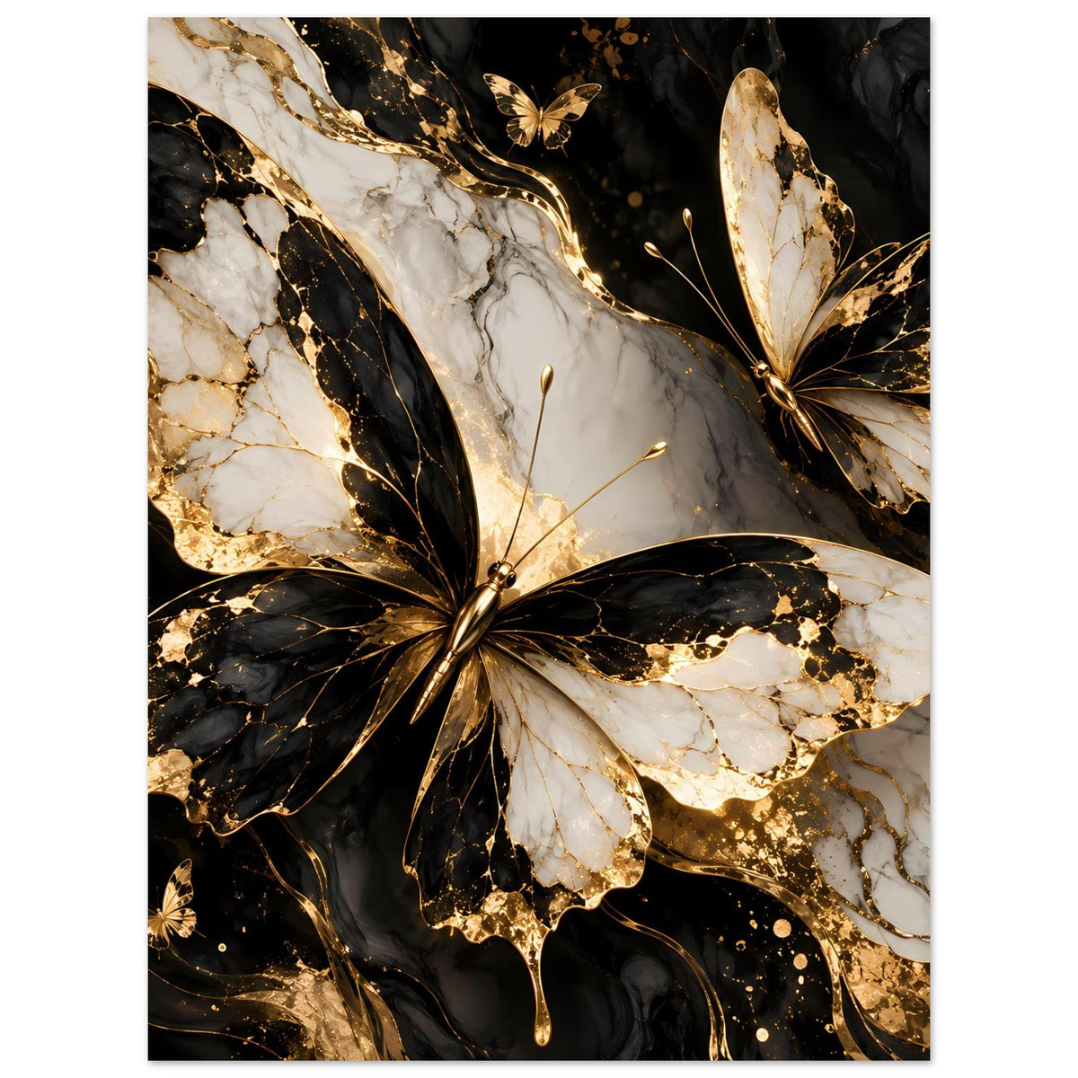 Naturposter mit zentralem Schmetterling in Gold und Schwarz auf marmorierter Fläche