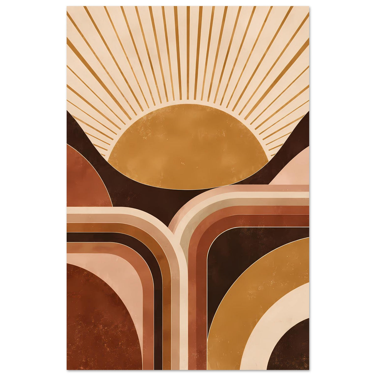 Retro Sonnenaufgang-Poster mit Strahlenbogen und Säulenarchitektur in warmen Erdtönen
