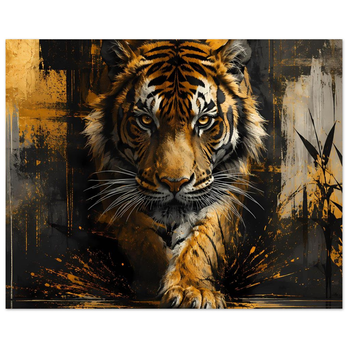 Breites Poster mit Tiger im Fokus, goldbraunes Fell, Blick nach vorn