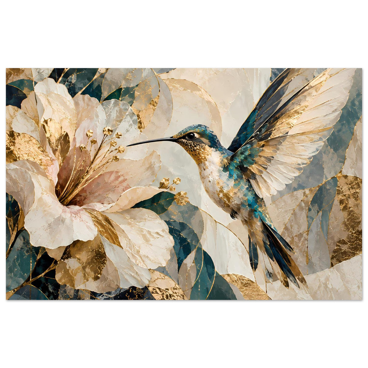 Wandposter mit Kolibri und großen weißen Blumen, golden-blaue abstrakte Marmoroptik, horizontal
