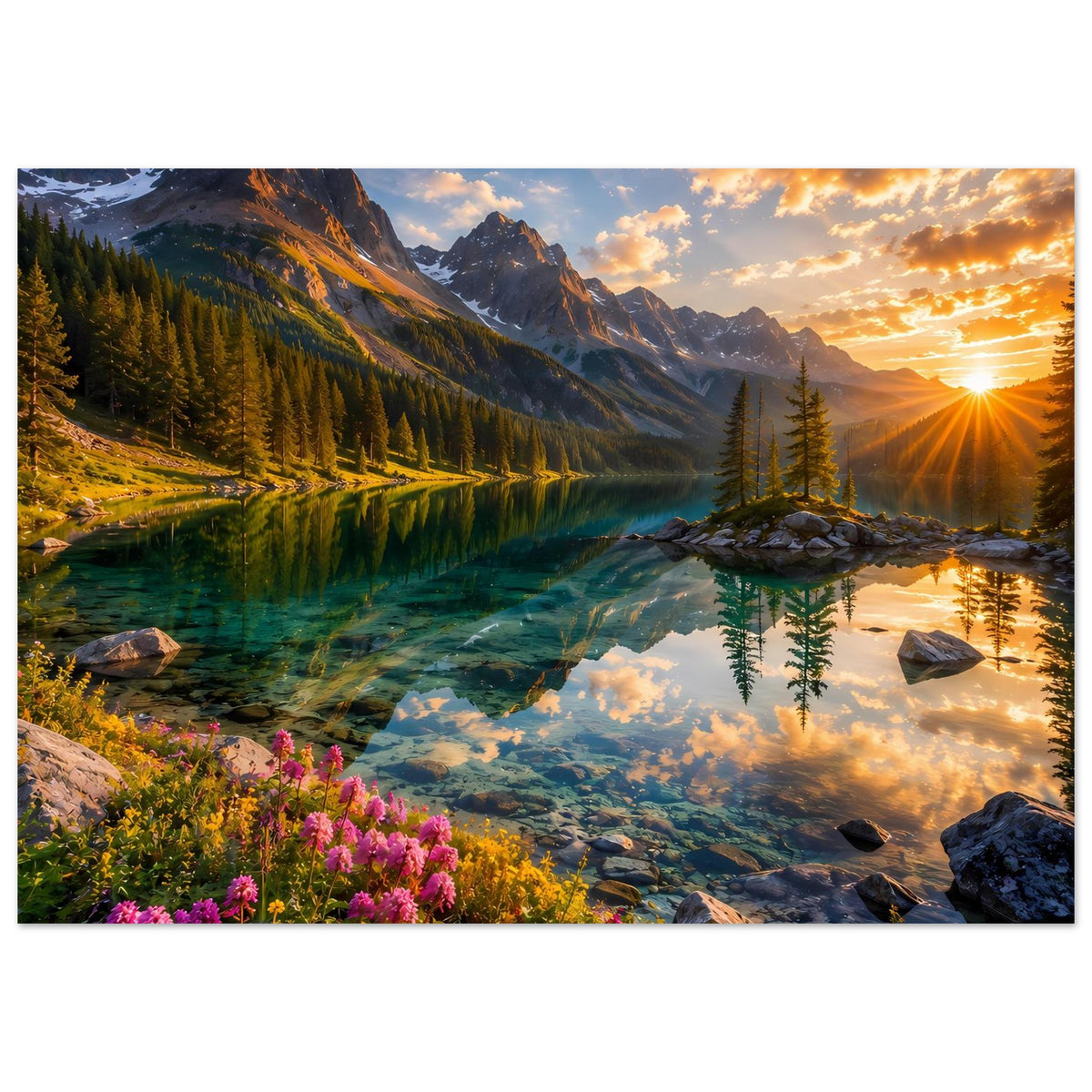 Poster mit Bergsee bei Sonnenuntergang, Spiegelung mit Bauminsel, Felsen und Blüten unten