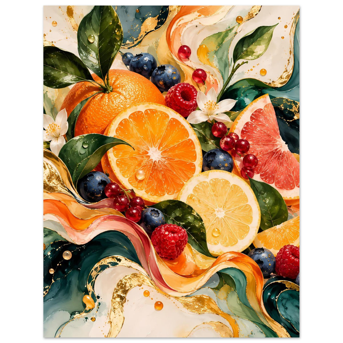 Rechteckiges Poster mit detailreicher Früchtekunst aus Orangen, Zitronenscheiben und Beeren