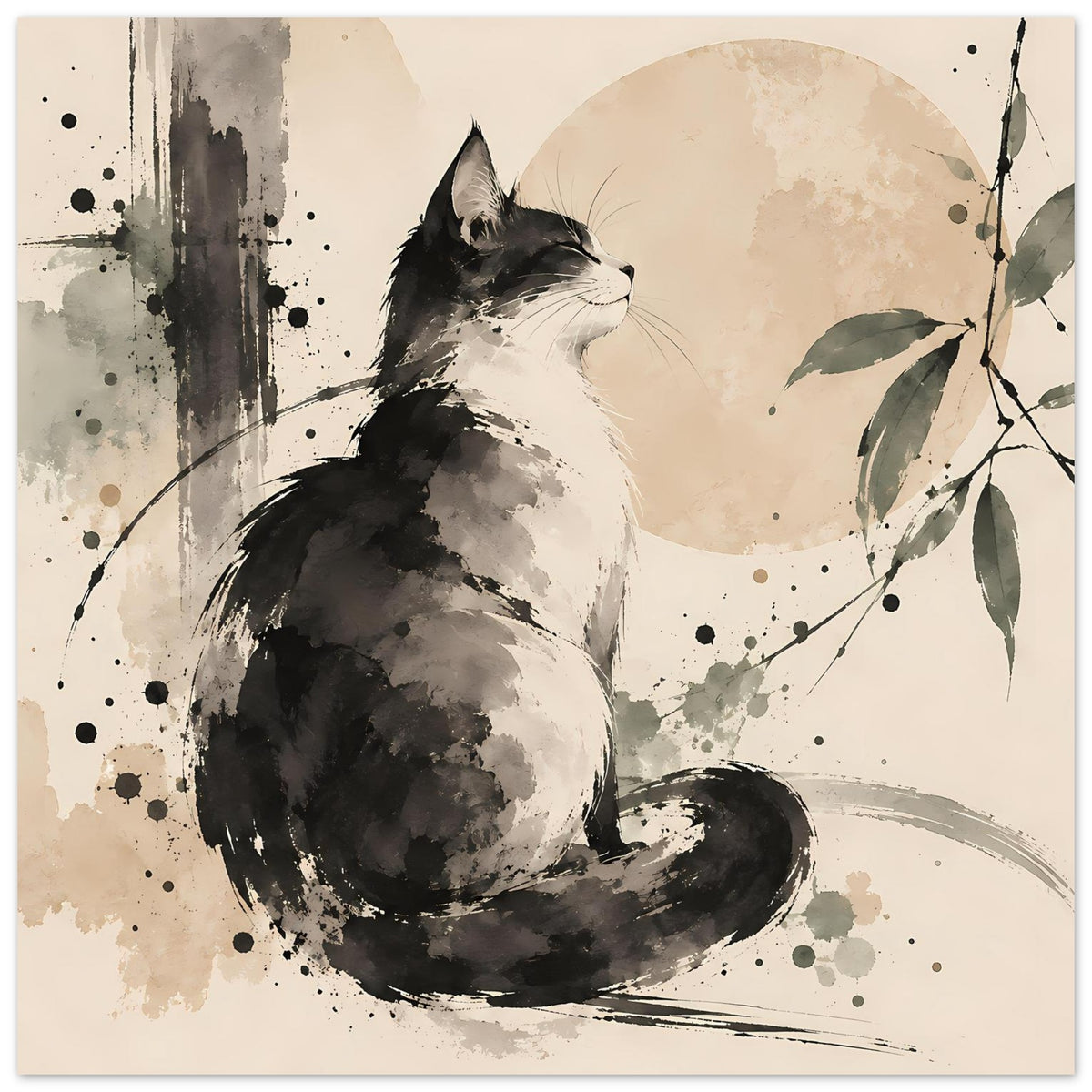 Poster mit sitzender Katze in Schwarz-Grau, Aquarellspritzer und Blätter