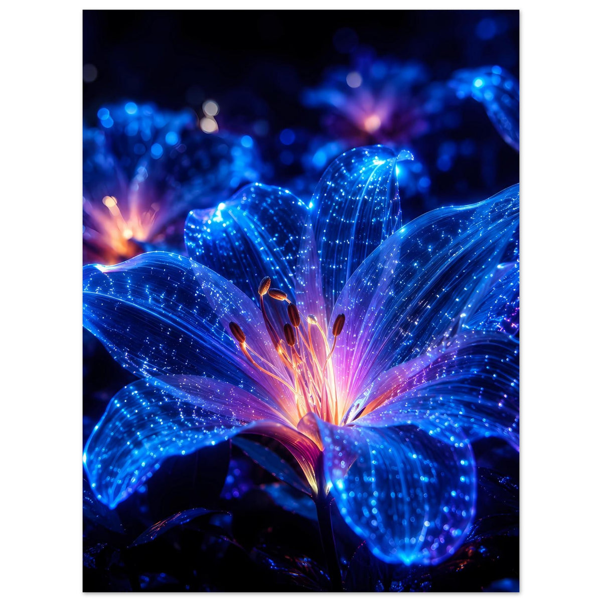 Blumenposter mit blauer leuchtender Blüte, feinem Glitzer über den Blütenblättern