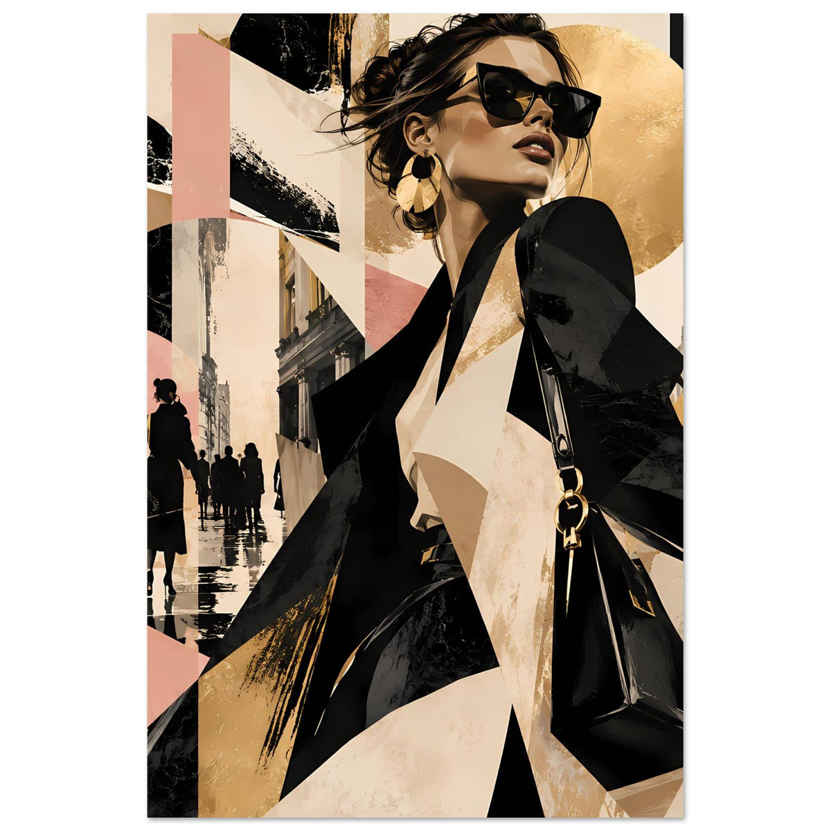 Mode-Poster mit Fashion-Figur und geometrischen Streifen, Schwarz-Gold und Pastell im Hochformat