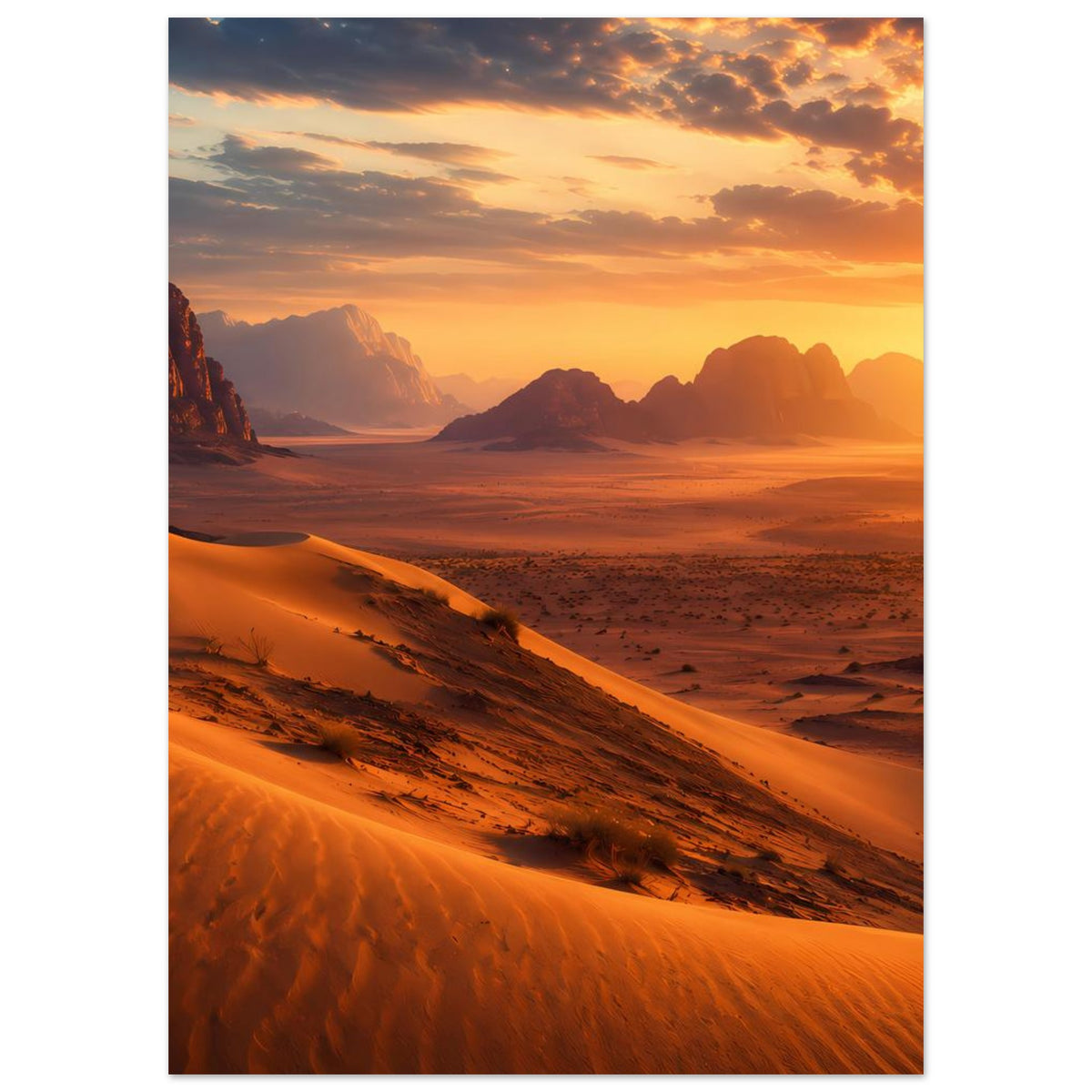 Wüstenlandschafts-Poster mit welligen Dünen und warmem orangefarbenem Abendhimmel
