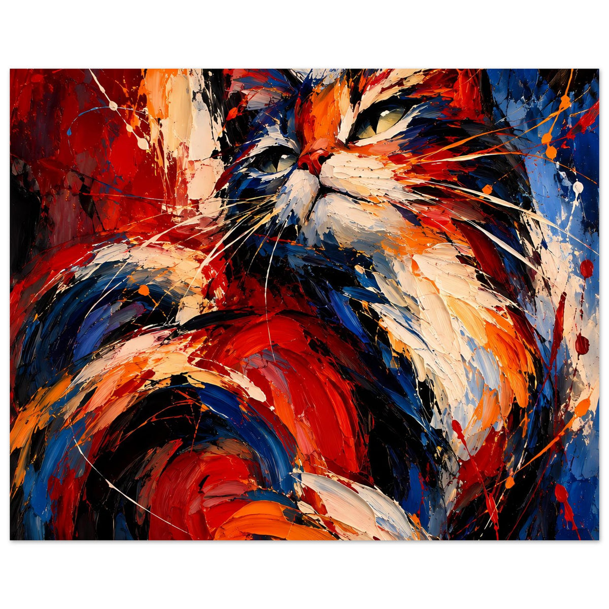 Abstraktes Katzenposter (Querformat) mit großem Kopfmotiv, Rot-, Blau- und beigen Pinselstrichen