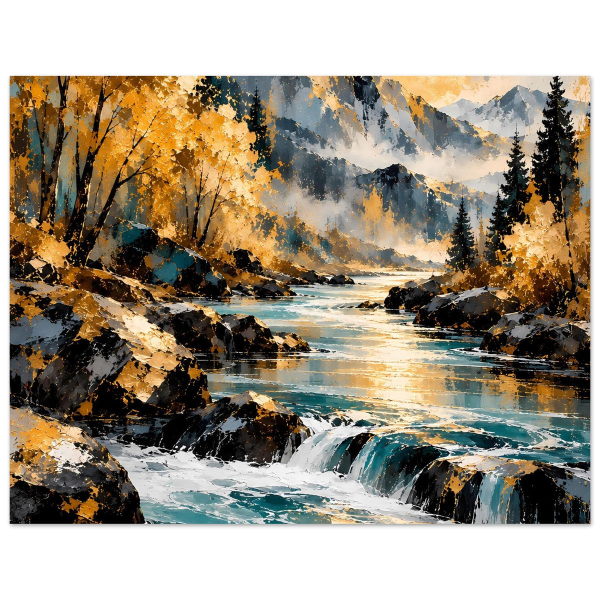 Herbstlandschafts-Poster im Querformat mit Wasserfall, schimmerndem Fluss und Bergsilhouette