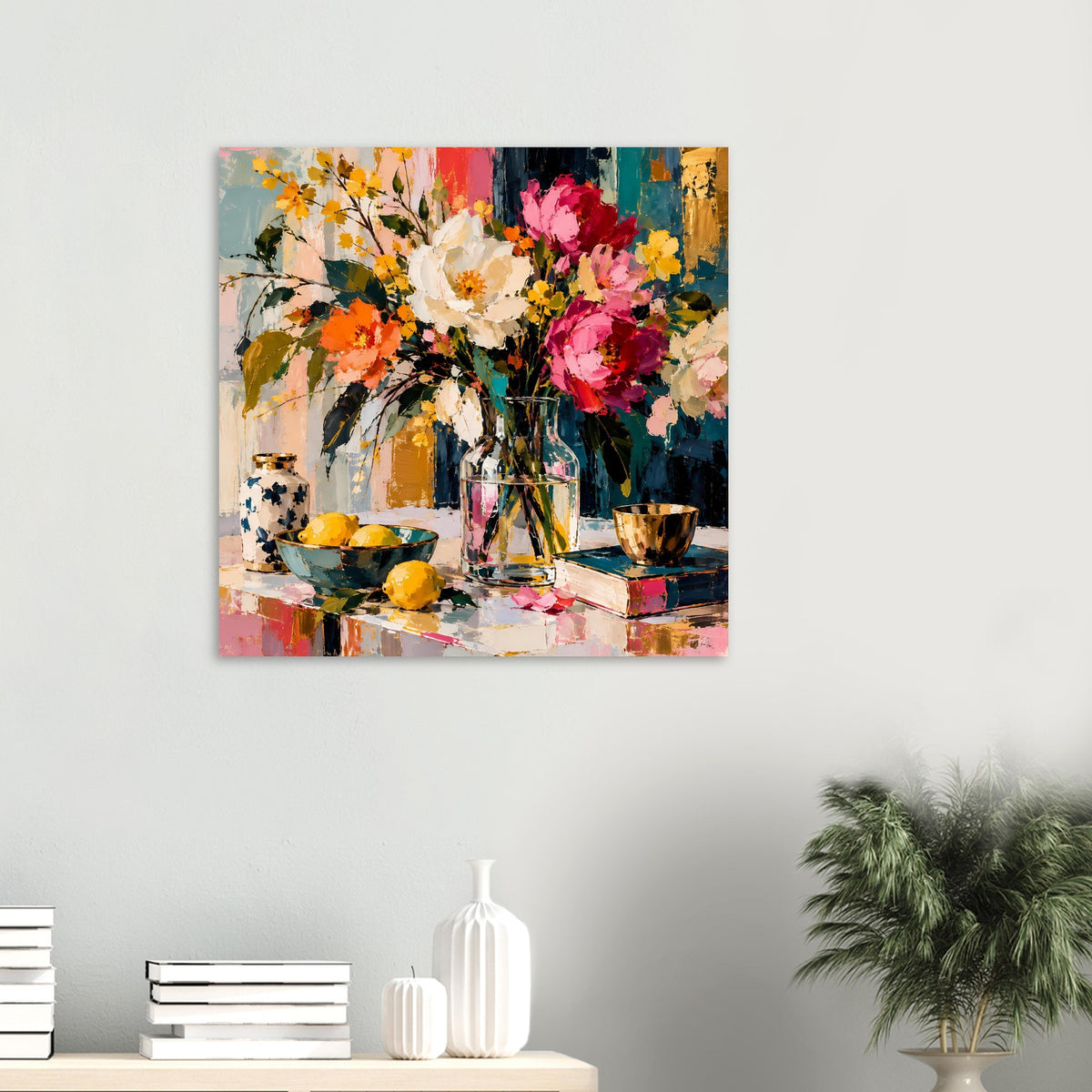 Buntes Floral-Stillleben-Poster im Rahmen an weißer Wand mit Deko