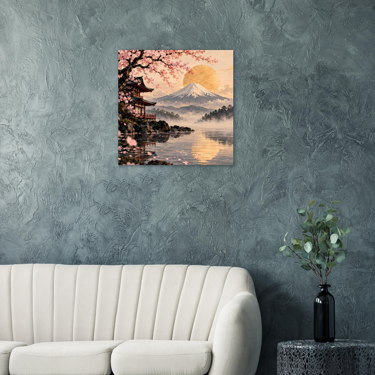 Wandposter mit Kirschblüten, Berg Fuji und ruhiger Wasserfläche in Goldtönen