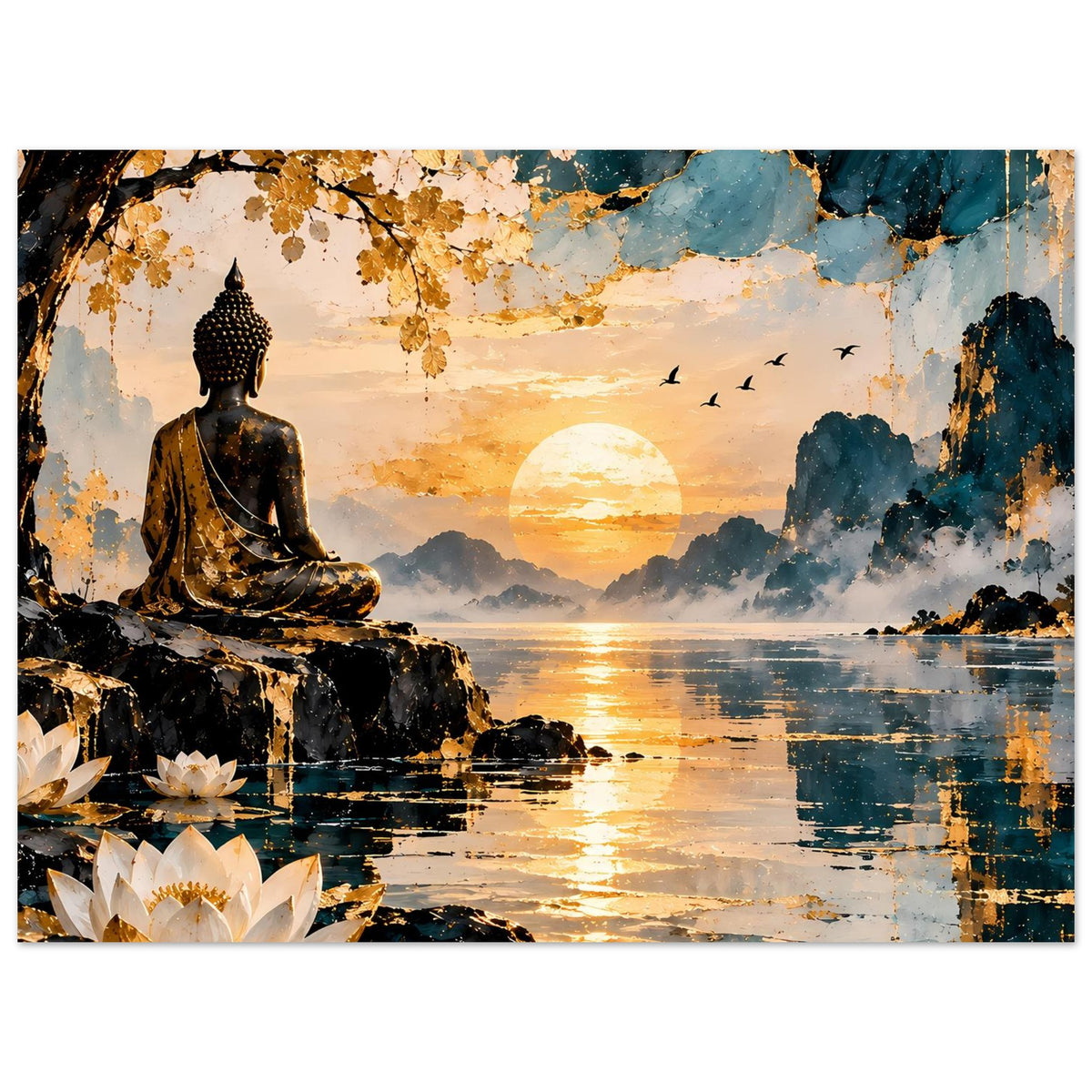 Buddha-Wandposter mit sitzendem Buddha, Lotusblüten links, Sonne über ruhigem Wasser