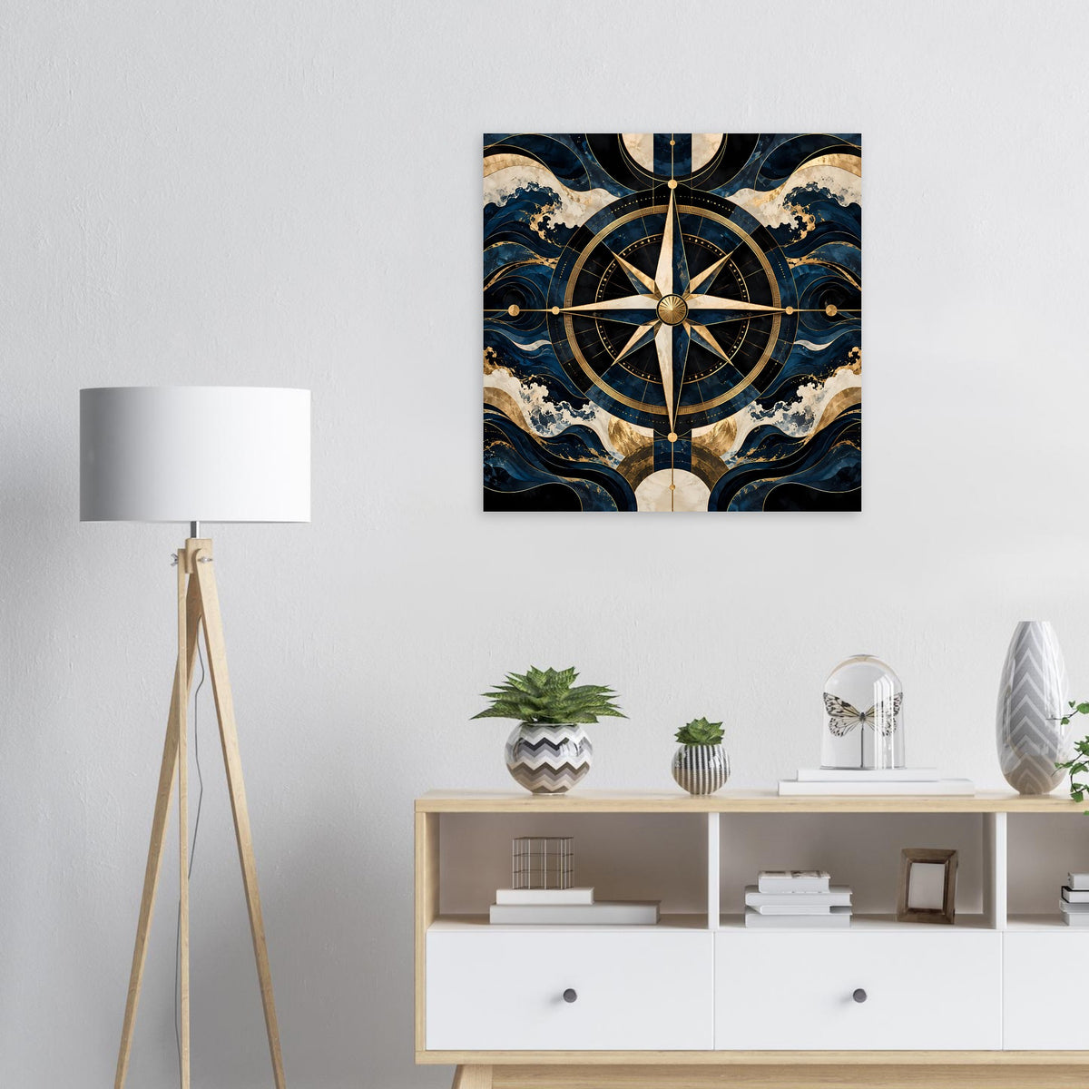 Kleines Navigationsposter mit goldener Kompassrose und blauem Karten-Design