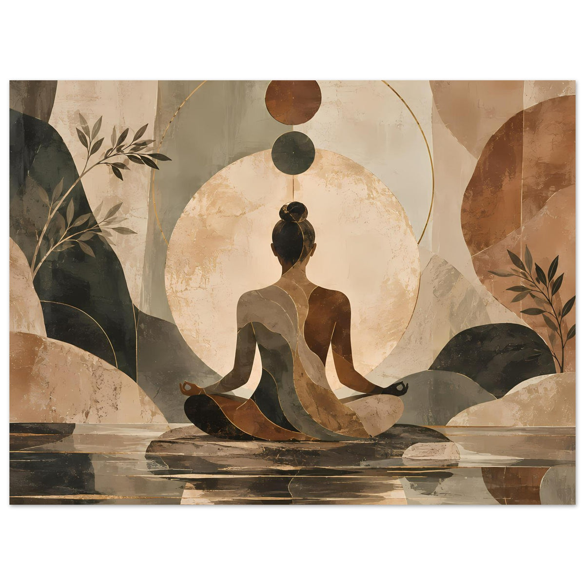 Meditatives abstraktes Poster: sitzende Figur, große Kreisform im Hintergrund, erdige Grün-Braun-Töne
