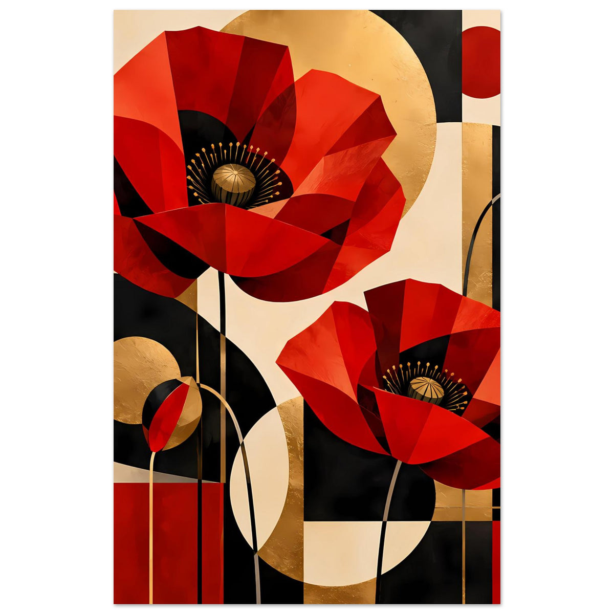 Kunstposter mit roten abstrakten Mohnblumen und goldenen Akzenten, geometrisches Muster