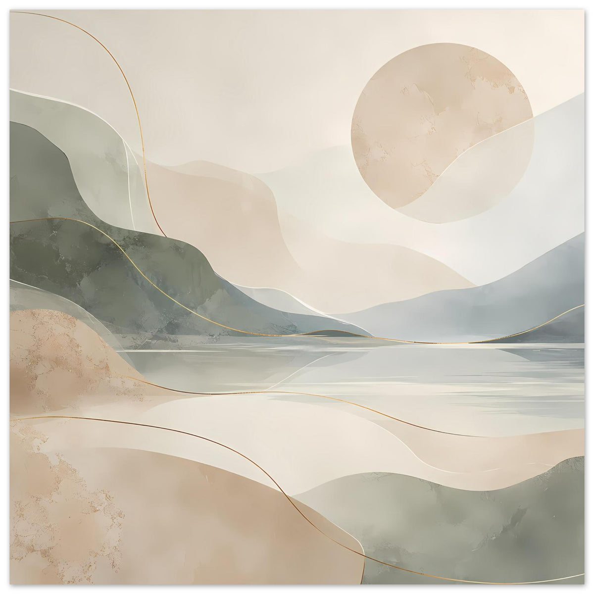 Abstraktes Poster: Berge und See in Beige, Grau-Grün mit feinen goldenen Linien