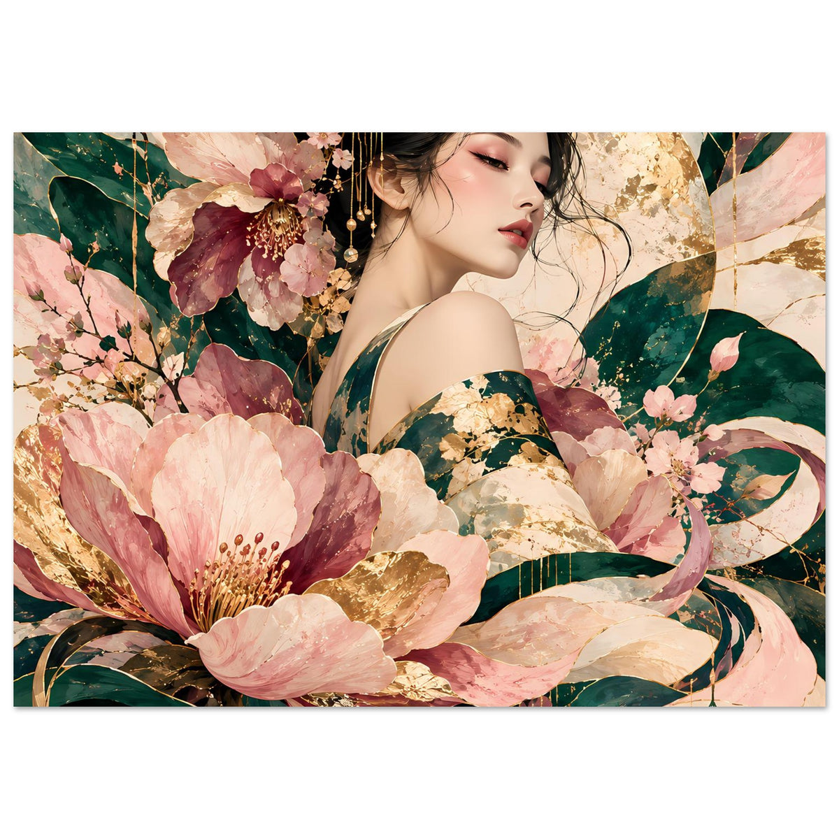 Blumenposter mit Porträt einer Frau, rosafarbenen Blüten, goldenen Akzenten und grünen Blättern