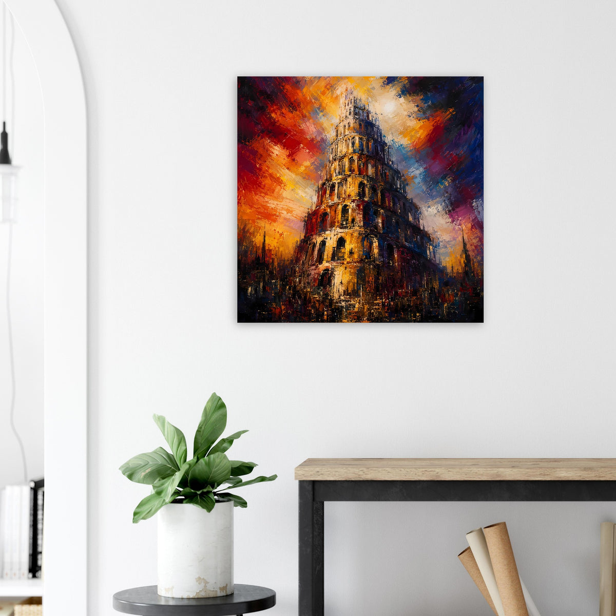 Quadratisches Poster: Turm von Babel in goldenen und blauen Akzenten, buntes Hintergrundbild.
