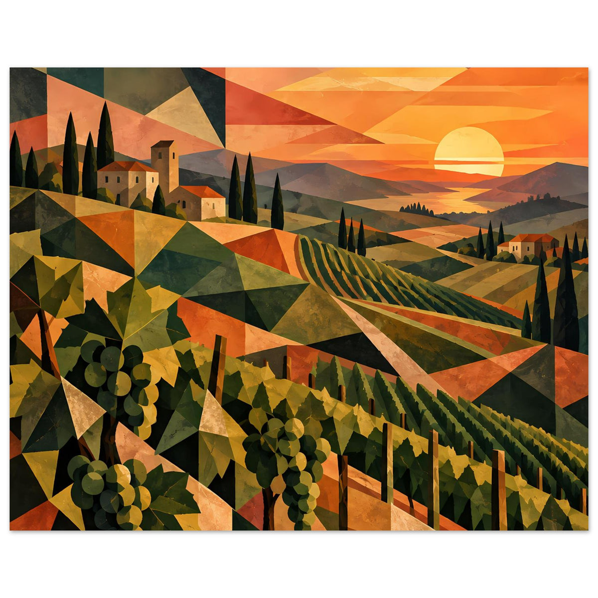 Wandposter Weinberge bei Sonnenuntergang, diagonale Farbbahnen, Zypressen und Rebenreihen