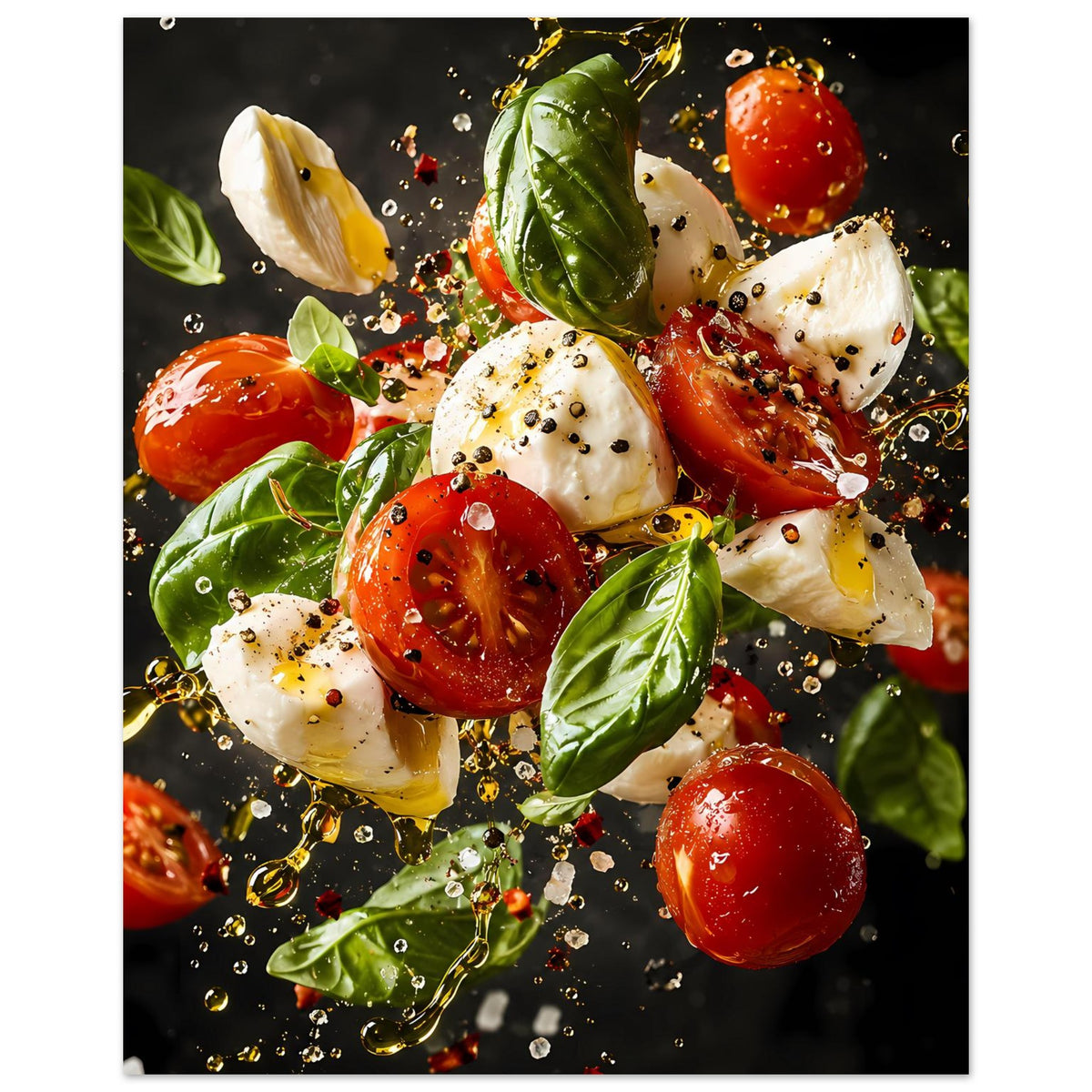 Caprese-Salat-Poster im Hochformat: Tomaten, Mozzarella, Basilikum mit Kräuter-Sprenkel.