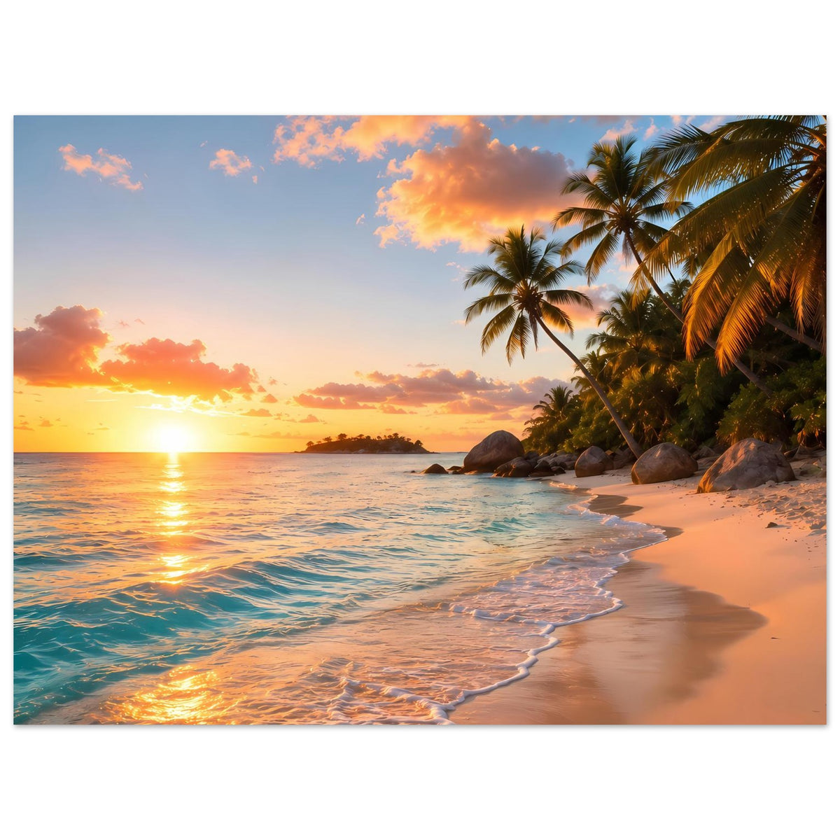 Poster im Querformat mit Strand, Palmen rechts und Sonnenuntergang über dem Wasser.