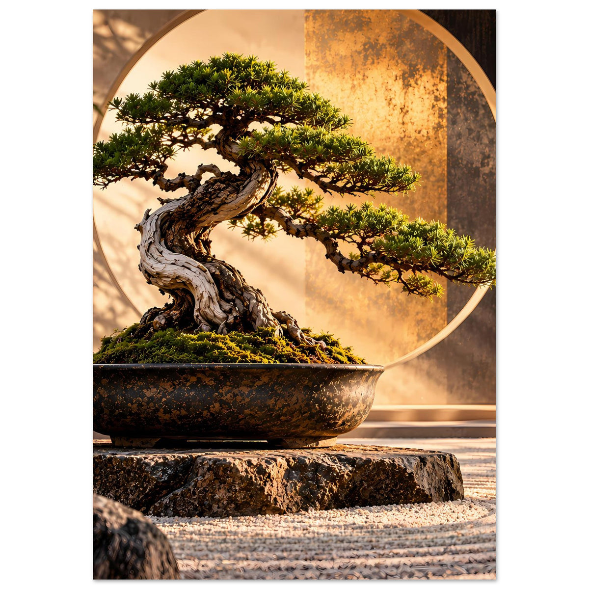Hochkant-Poster mit Bonsai-Baum in Schale, eingebettet in einen großen Kreis