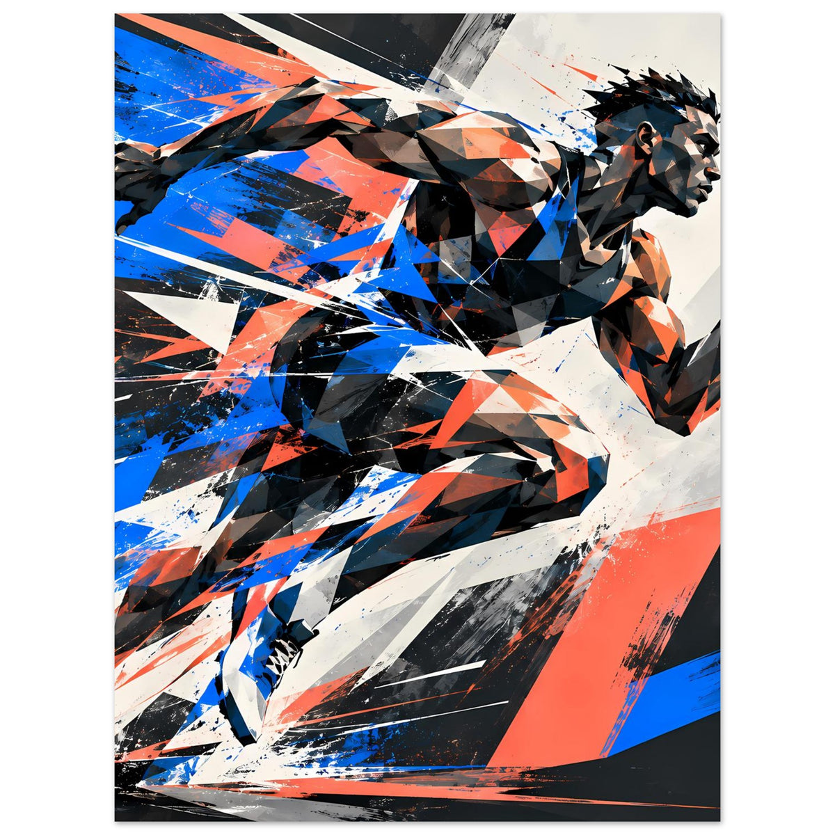 Poster mit abstraktem Läufer im Sprint, blau-orangen Akzenten auf schwarz-weißer Fläche