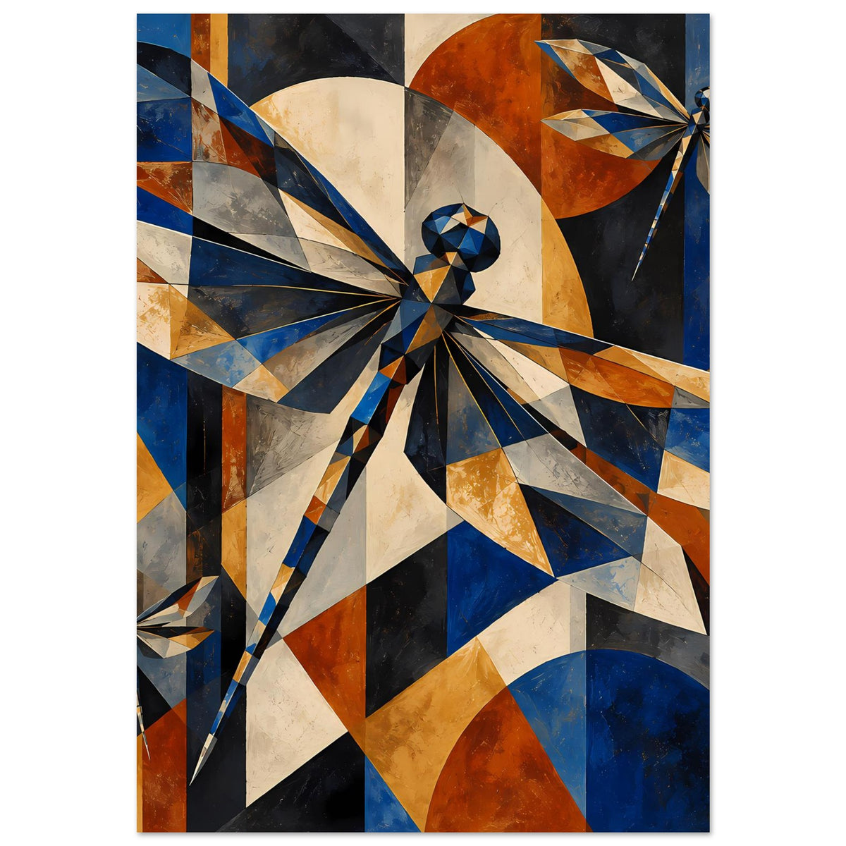 Kunstposter mit abstrakter geometrischer Libelle in Blau-Kupfer und cremefarbenen Flächen