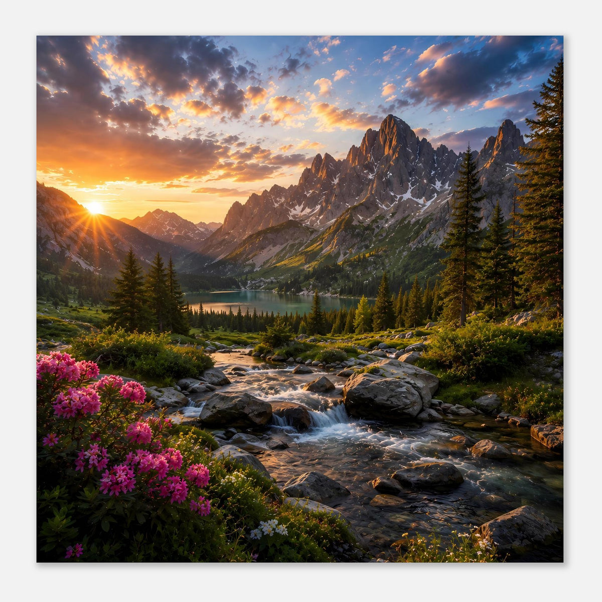 Kleines Landschaftsposter mit Sonnenuntergang, Bergpanorama, Bachlauf, Fichten und violettem Blütenrand
