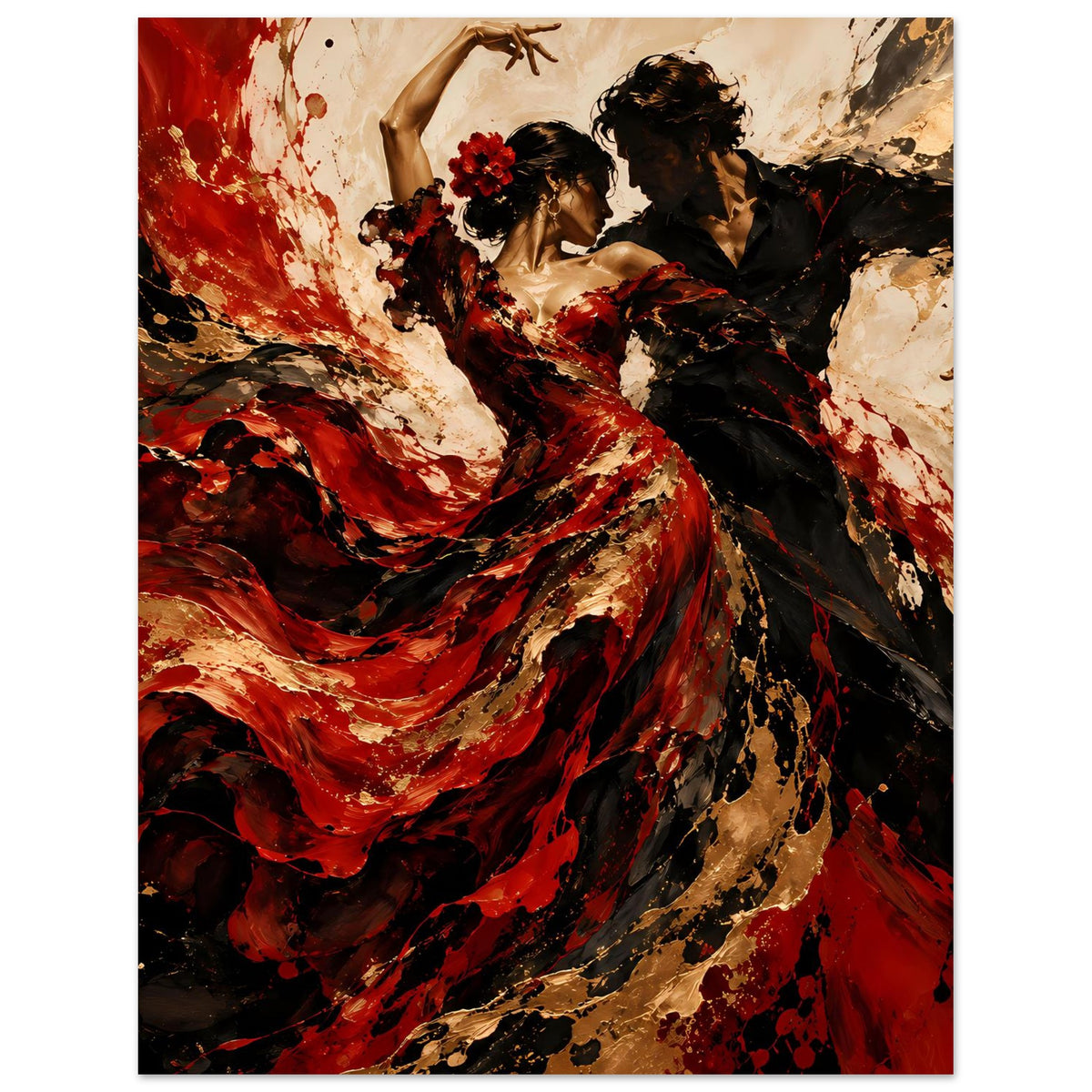 Poster mit Flamenco-Tanzmotiv: rotes, fließendes Kleid mit goldenen Sprenkeln, zwei Figuren