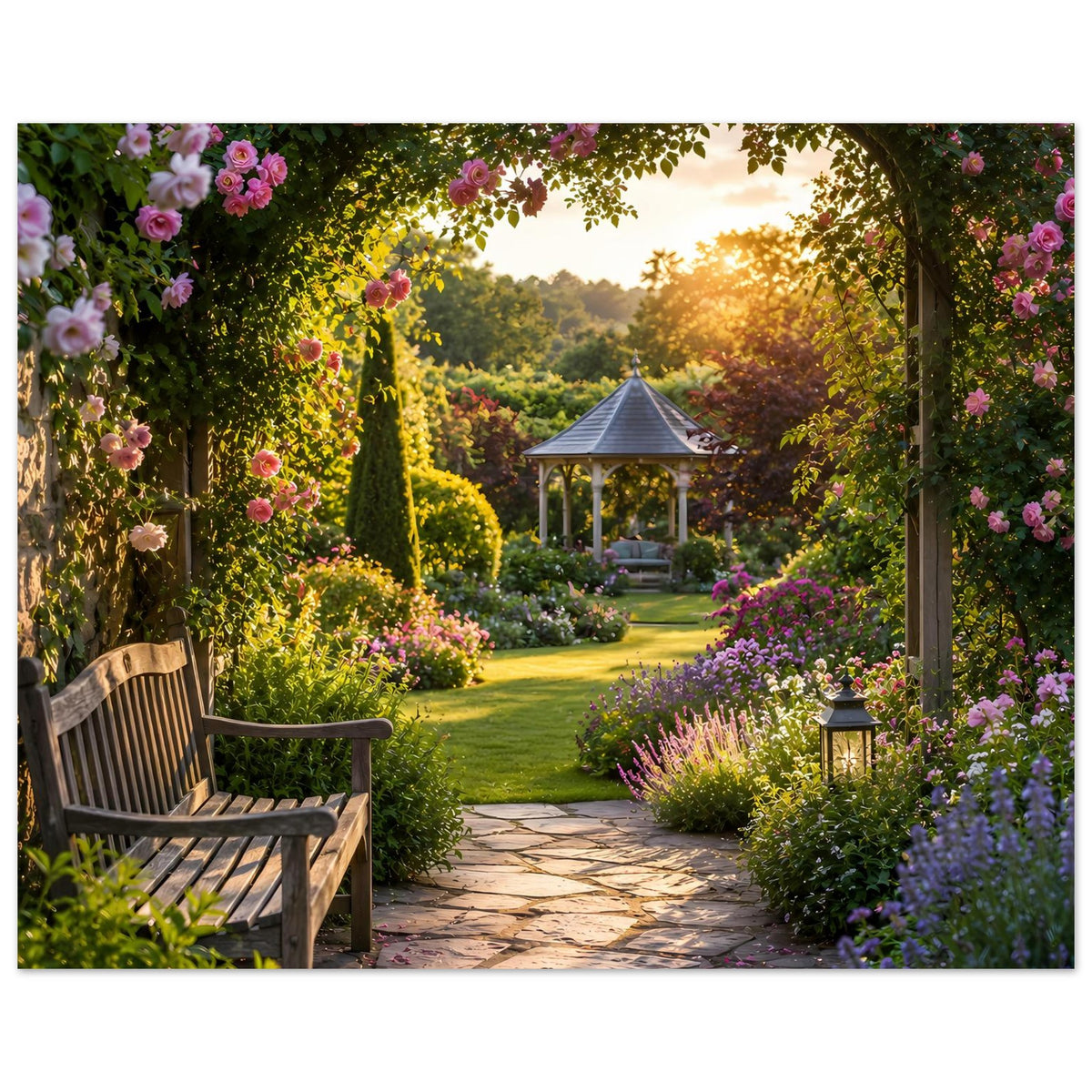 Naturposter im Querformat: Blumenbogen, Gartenweg, Holzbank, Laterne und Pavillon