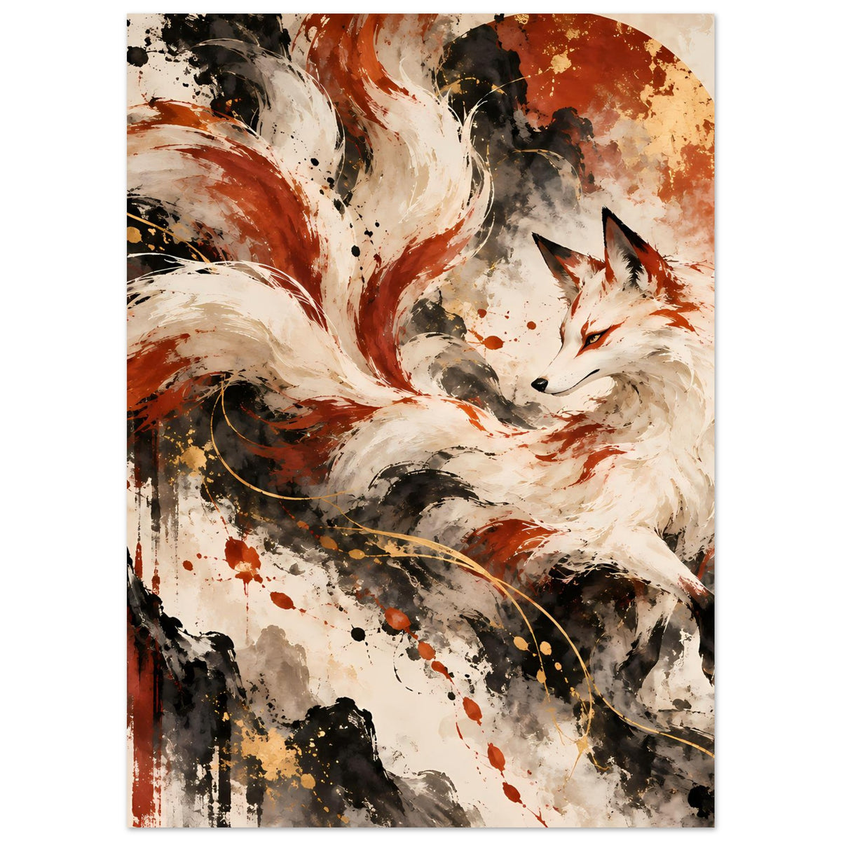 Fantasy-Poster mit Fuchskopf und neun Schweifen, weißes Fell, orange Akzente, Farbkleckse