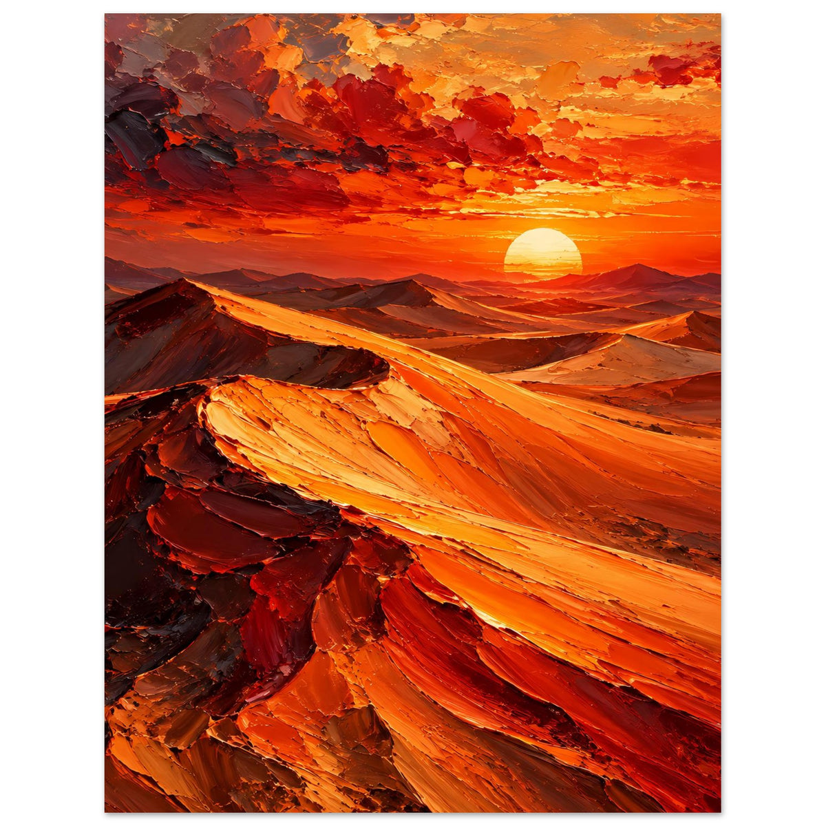 Poster: Sonnenuntergang über Wüste, rote Wolken, leuchtende Dünen und Sonne