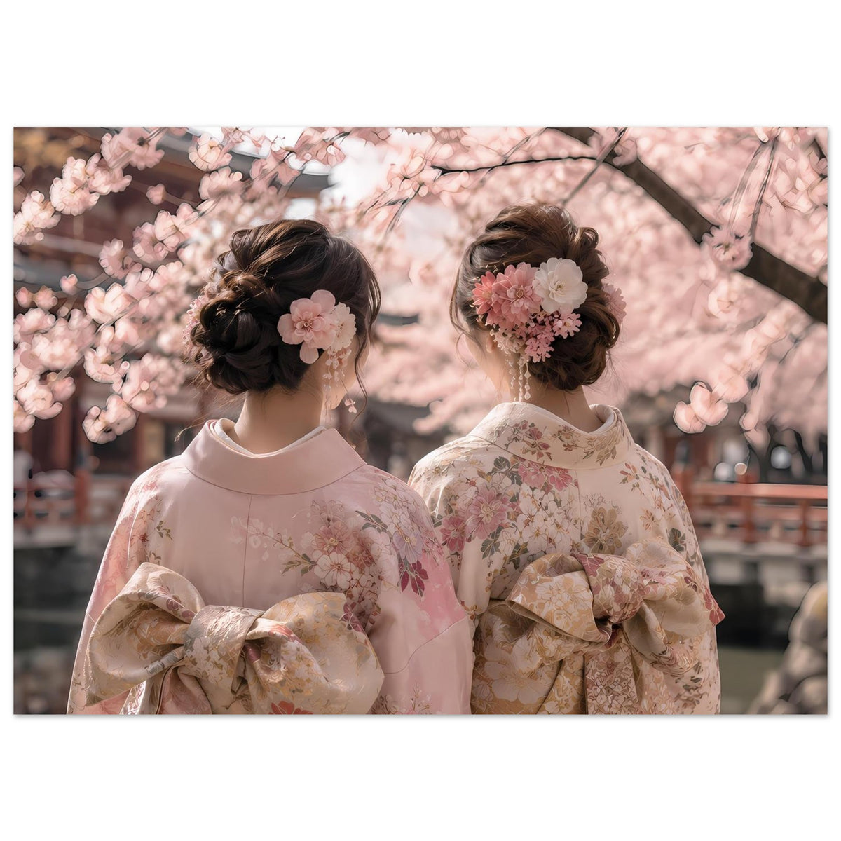 Poster: zwei Personen in Pastell-Kimonos mit Schleifendetails, Kirschblüten im Vordergrund