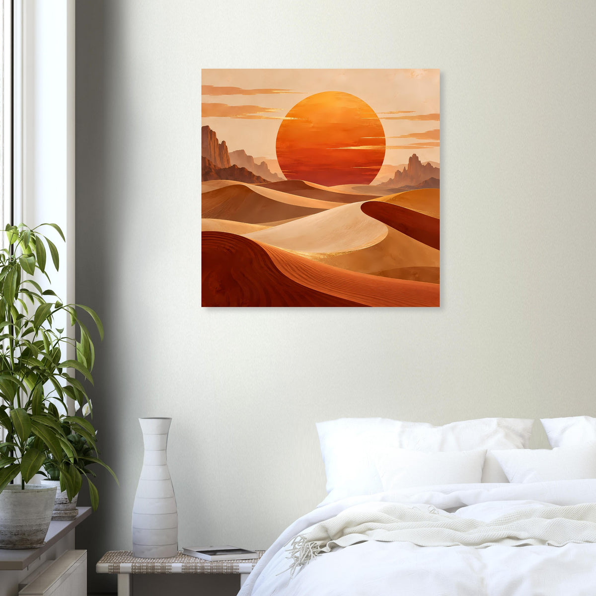 Rechteckiges Poster mit Wüstendünen und orangefarbener Sonne am Horizont