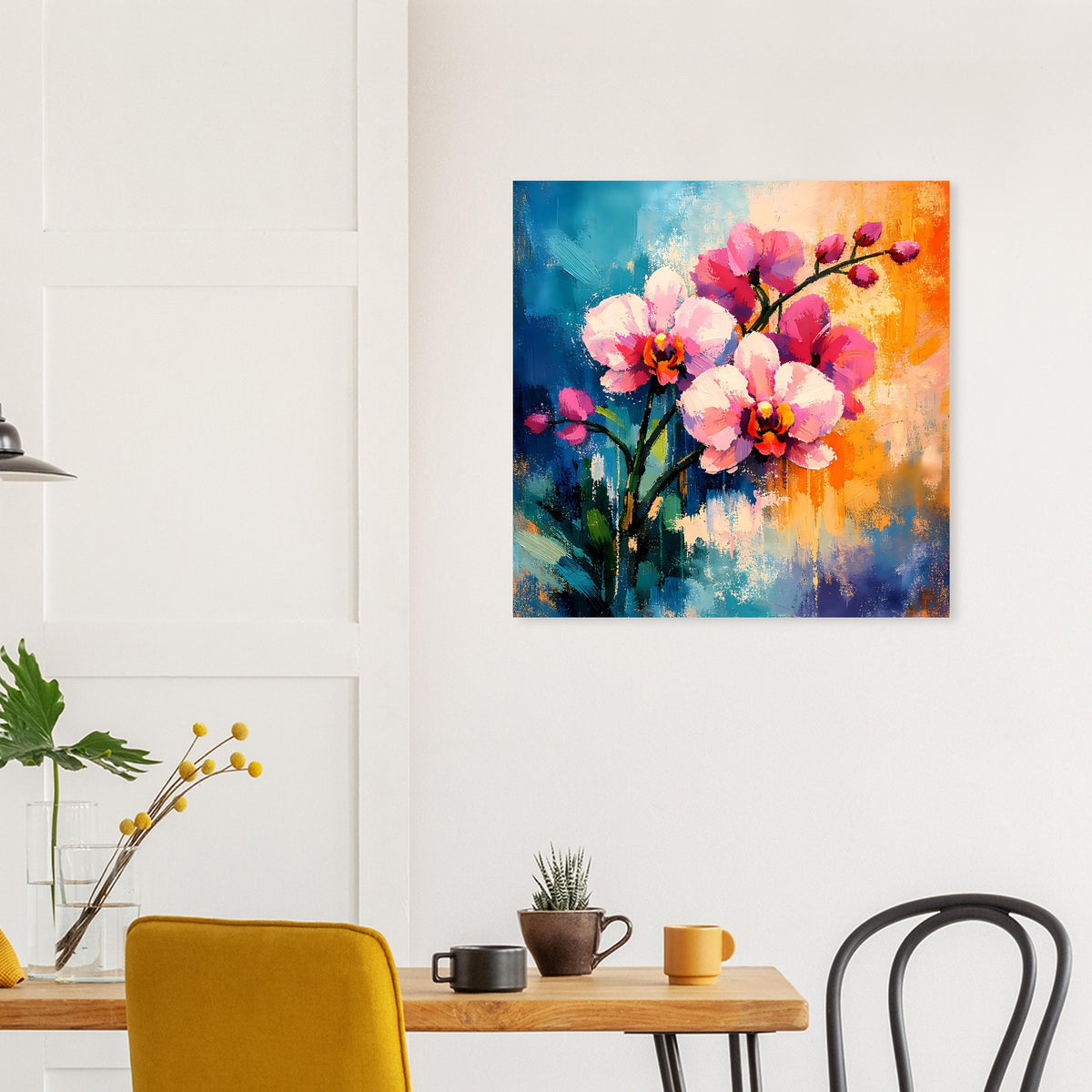 Quadratisches Blumenposter mit rosa Blüten an blau-orangefarbenem Hintergrund