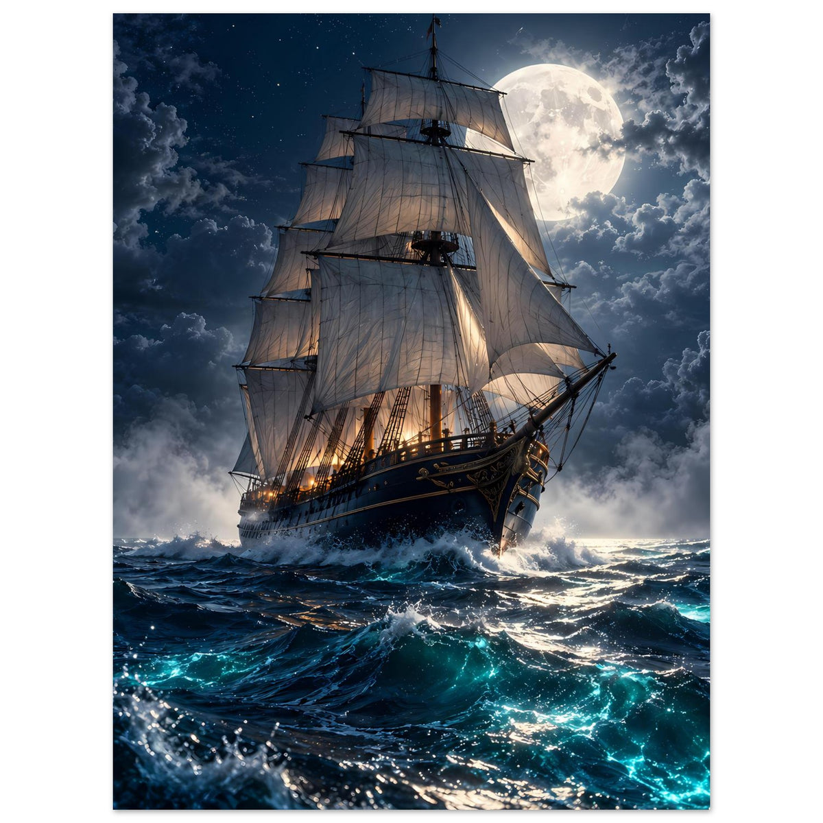 Hochformatiges Segelschiff-Poster: Vollmond, stürmische Wolken und funkelndes Wasser