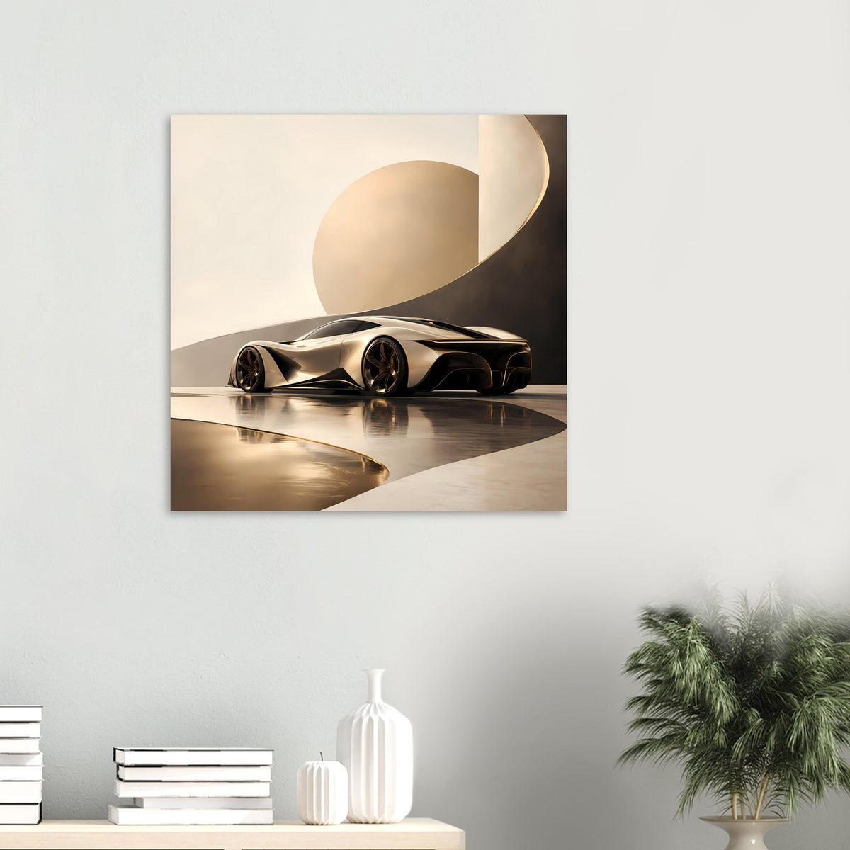 Sportwagen-Poster im Rahmen an der Wand: goldener Supersportwagen mit dunklem Schwarz, kleiner Ausschnitt