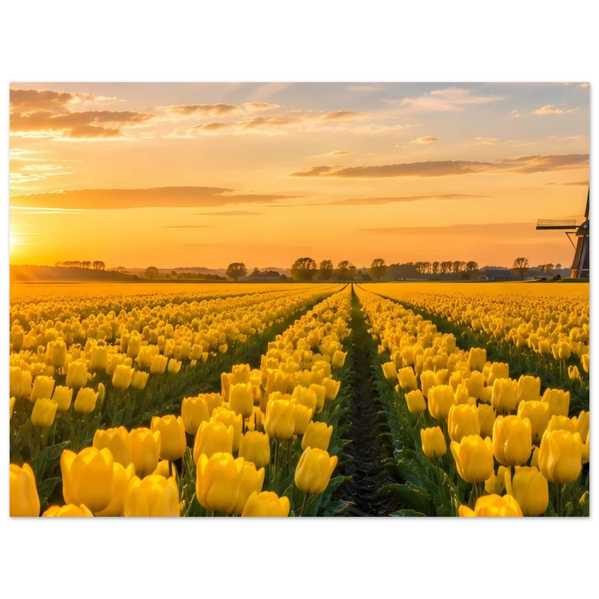 Poster mit gelbem Tulpenfeld, zentralem Pfad zwischen Reihen und Windmühlenrand rechts