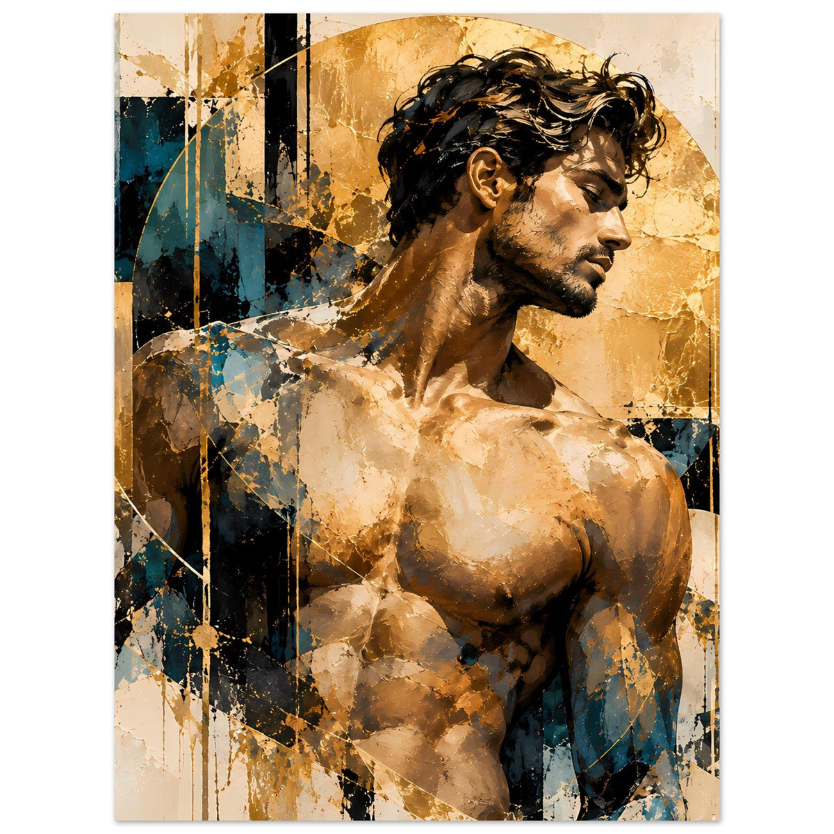 Hochformat-Kunstposter mit Aktfigur im Seitenprofil, goldene und blaue Farbspritzer.