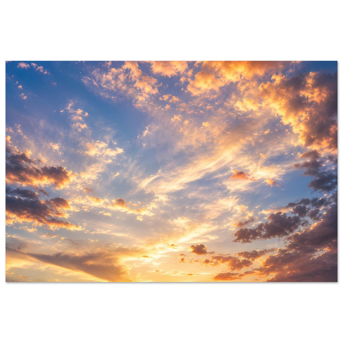 Wandposter mit Sonnenuntergangshimmel und Wolkenformationen in Orange, Blau und Gold