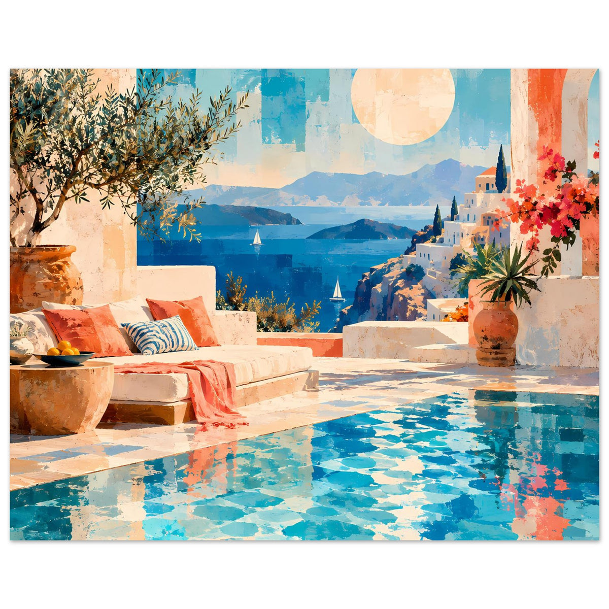 Kunstposter im Querformat mit Meerblick, Pool in Türkis und dekorativen Blumen rechts