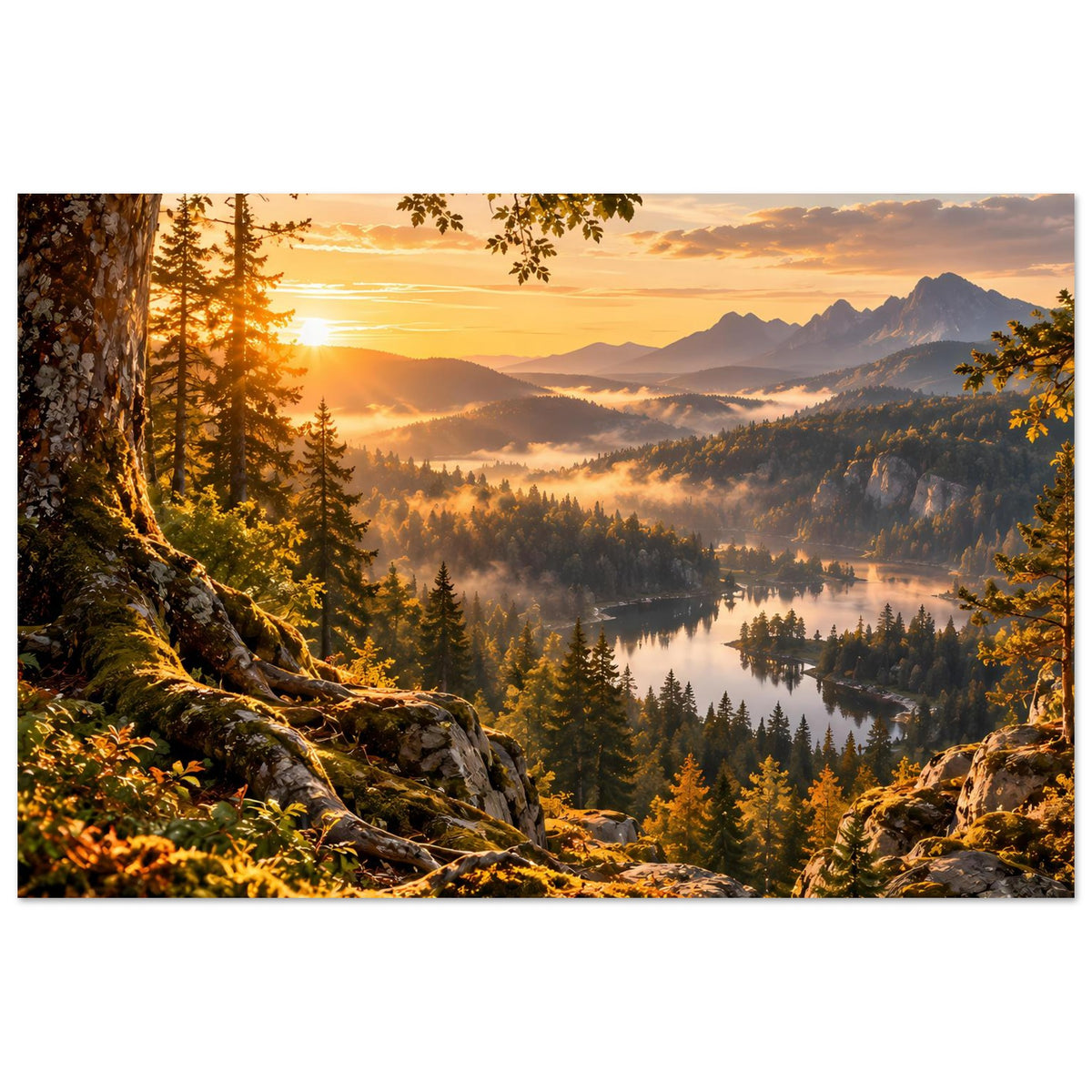 Landschaftsposter im Querformat: Sonnenaufgang über Berge, Nebel über dem Tal, See und Wald.