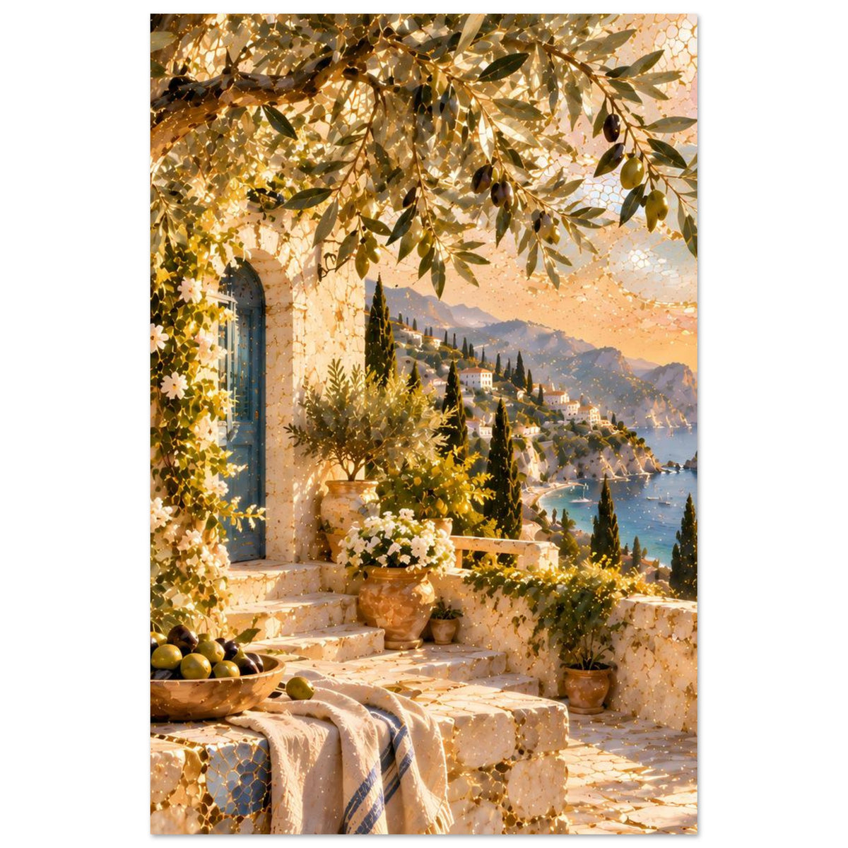 Vertikaler Mosaikkunst-Druck mit Bogen, Olivenlaub, Treppenstufen, Blumen und Meer