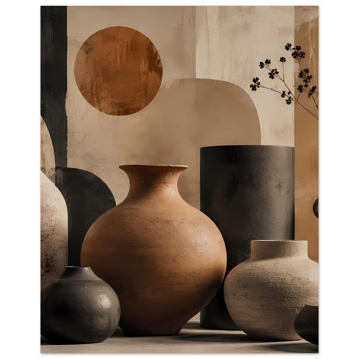 Poster mit Keramikvasen: terrakottafarbene große Vase vorn, daneben dunkle und helle kleinere Vasen